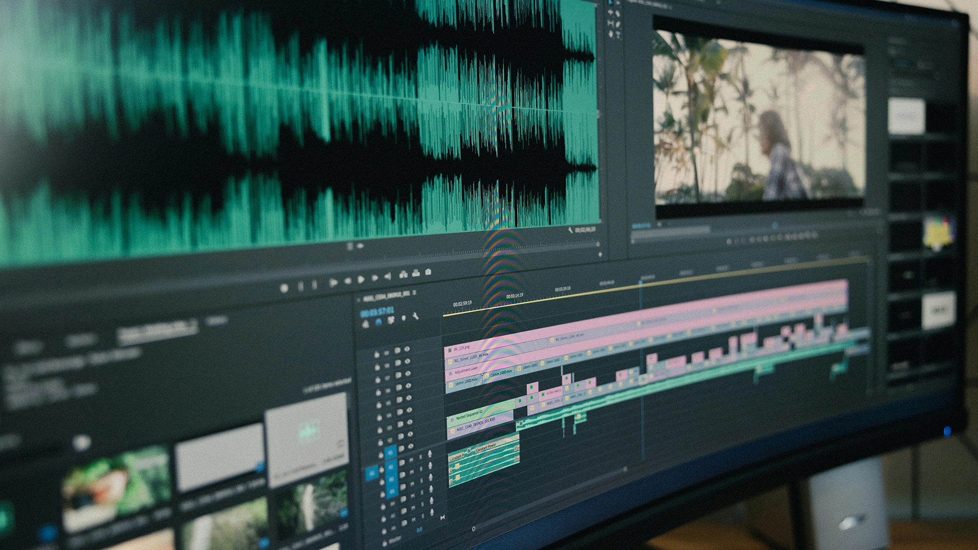 Video editing timeline with wedding video music.